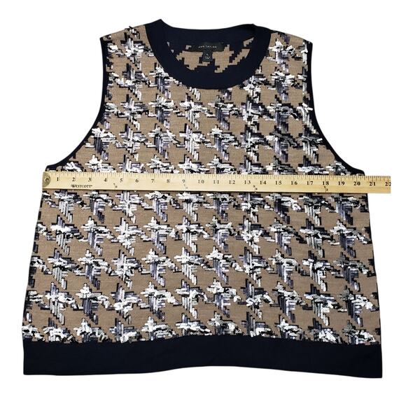 Ann Taylor Sweater Vest Size XL Sequined Houndstooth Knit Navy Beige Sleeveless - Picture 5 of 10